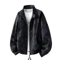 Retro tie-dye PU leather jacket in dark gray featuring ribbed cuffs and stand collar - M / Black