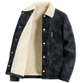 Men's winter corduroy jacket with thick lamb wool lining and star pattern print - M / Black