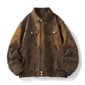 Men's vintage dark brown faux suede bomber jacket with classic collar and metal buttons - M / Brown