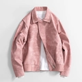 Men's vintage pink faux suede jacket featuring a classic lapel and metallic zipper closure - M / Pink