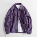 Men's purple faux suede Harrington jacket with contrast stitching and classic turn-down collar - M / Purple