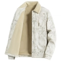 Men's corduroy jacket in grey star print with warm faux lamb wool lining and collar - M / Off White