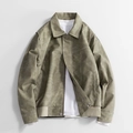 Olive green PU leather jacket with lapel collar and contrast stitching for men - M / Bean Green