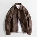 Brown vintage faux leather jacket featuring contrast white stitching and ribbed hem - M / Brown