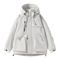 Light grey techwear hooded jacket featuring multi-pocket utility design and drawstrings - S / Khaki