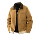 Men's khaki utility work jacket with brown corduroy collar and contrast stitching - S / Dark Khaki
