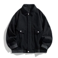 Men's black corduroy utility jacket with white buttons and rib-knit cuffs on white background - M / Black
