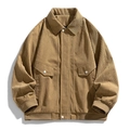 Men's khaki corduroy work jacket with stand collar and large chest pockets - M / Khaki