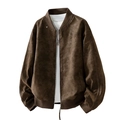 Men's loose fit dark brown faux suede bomber jacket with ribbed collar and metal rivets - M / Brown
