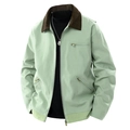 Men's sage green workwear jacket with brown corduroy collar and zip pockets - S / Mint Green