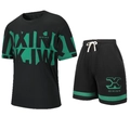 Men's casual black two-piece sports set with green graphic print and drawstring shorts - XS / Black