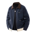 Navy blue color-block work jacket with brown collar and off-white hem detail - S / Gray Blue
