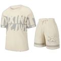 Men's cream sports set with loose short sleeve t-shirt and mesh shorts two-piece suit - XS / Khaki