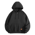 Herren Hoodie in Schwarz mit halbem Reißverschluss, Kängurutasche und orangem Lederpatch - S / Schwarz