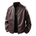 Men's dark brown faux leather motorcycle jacket with stand collar and sleek metal zipper - 6XL / Burgundy