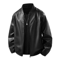 Men's stylish black faux leather motorcycle jacket with stand collar and metallic zipper - 6XL / Black