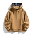Giacca da uomo con cappuccio color cammello con fodera a quadri e tasche con rivetti - M / Cachi Scuro