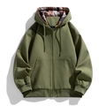 Giacca da uomo verde oliva con cappuccio e fodera interna a quadri rossi e neri molto elegante - M / Verde oliva