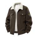 Men's dark brown corduroy jacket with white sherpa collar and 08 arm badge - S / Coffee