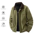 Men's olive green cotton flight jacket with dark brown collar and front pockets - M / Olive Green