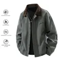 Dark grey cotton pilot jacket featuring contrast brown corduroy collar and zip-up front - M / Grey Green