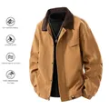 Men's khaki canvas workwear jacket with a brown corduroy collar and zip front - M / Dark Khaki