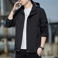 Men's casual black windbreaker jacket with a detachable hood and front pocket details - 2XL / Black / Regular Thin Style
