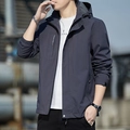 Men's dark blue hooded jacket featuring fashionwear print and windproof material - 2XL / Dark Gray / Regular Thin Style