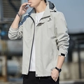 Men's light grey hooded windbreaker jacket with fashionwear text and adjustable cuffs - 2XL / Light Gray / Regular Thin Style