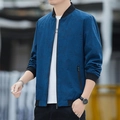Men's slim fit navy bomber jacket with subtle tropical leaf print and ribbed collar - M / Blue