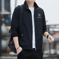 Men's black casual stand collar jacket with ribbed cuffs and chest logo detail - M / Black