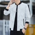Men's slim-fit bomber jacket featuring light grey monstera leaf camo and ribbed trim - M / Light Gray