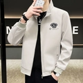 Men's stylish stand collar zip-up jacket in light khaki with V-Fashion shield embroidery - M / Light Gray