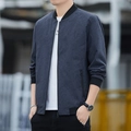 Slim fit dark blue bomber jacket for men featuring a subtle leaf pattern print and rib collar - M / Dark Gray