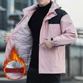Pink and black hooded parka with thickened graphene cotton lining for men's outdoor warmth - S / Pink Patchwork (Thickened Cotton)