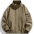 Men's khaki stand collar windbreaker jacket with tactical mountain patch and elastic hem - M / Army Green