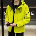 Men's neon green hooded utility jacket with multi-pocket design for casual outdoor wear - M / Fluorescent Green