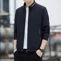 Men's casual black stand collar jacket with white striped neckline and ribbed cuffs - M / Black