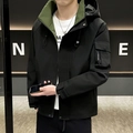 Men's black tactical hooded jacket with army green lining and utility arm pocket - M / Black