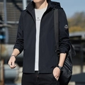 Men's black hooded outdoor windbreaker with mountain logo and casual urban style - M / Black