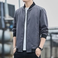 Men's casual grey varsity jacket with black ribbed collar and white contrast stitching - M / Dark Gray
