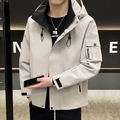 Men's hooded utility jacket in beige with black lining and functional sleeve pocket - M / Khaki