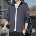 Men's dark blue hooded windbreaker jacket with sleeve print and stylish outdoor design - M / Dark Gray