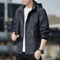 Men's outdoor hooded jacket in dark grey with unique honeycomb camouflage pattern - M / Men's Black