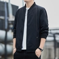 Men's casual black jacket with white contrast stitching and sleeve lettering detail - M / Black