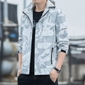 Men's outdoor hooded jacket with white marble print and adjustable velcro cuffs - M / Light Gray