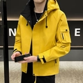 Men's hooded utility cargo jacket in bright yellow with black contrast lining - M / Turmeric