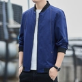 Men's navy blue bomber jacket with rib-knit stand collar and sleeve lettering detail - M / Blue