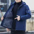 Men's dark navy fleece-lined hooded jacket with windproof fabric and grey lining - M / Fleece Blue