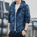Men's outdoor windproof jacket with detachable hood in dark blue camo print - M / Dark Gray